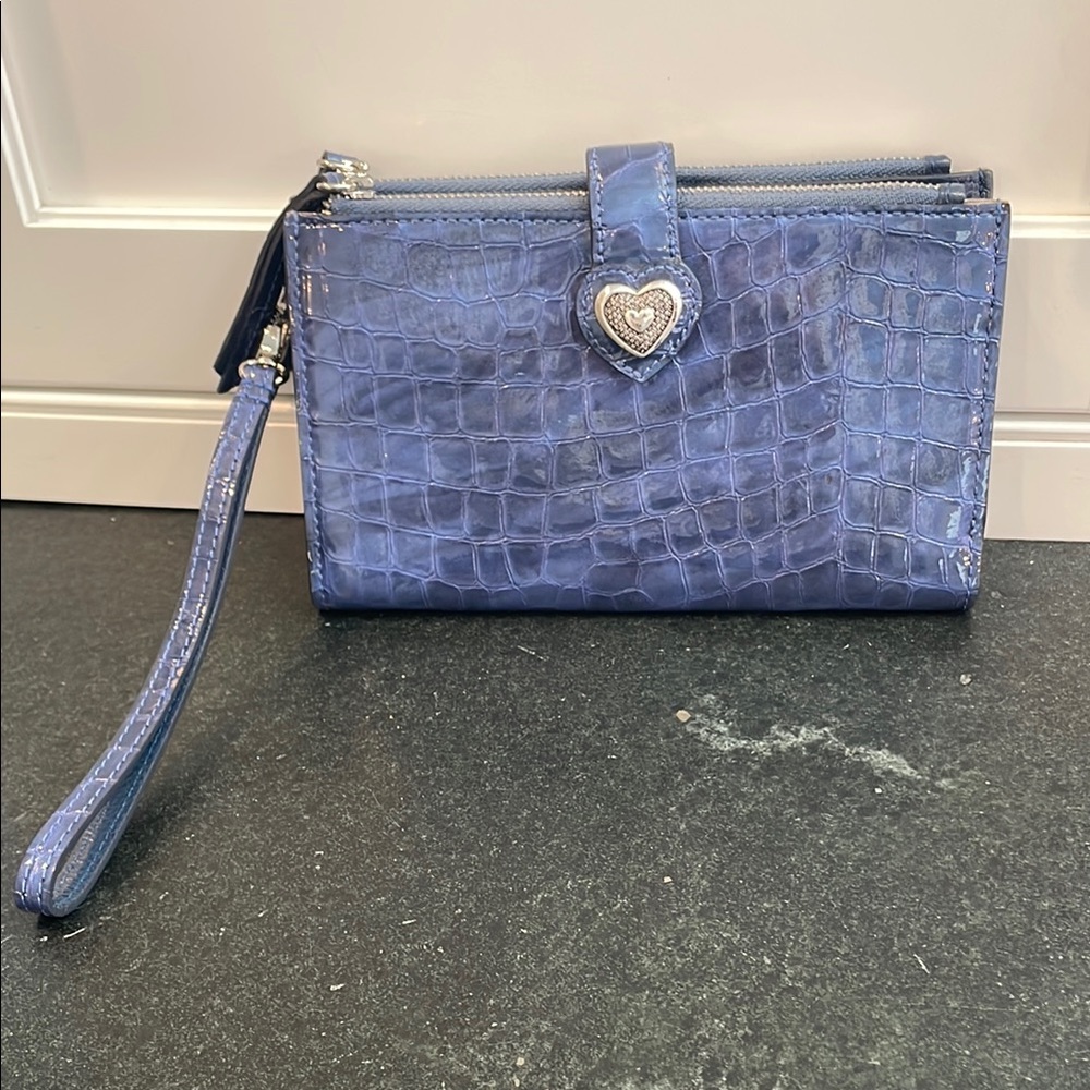 Brighton Heart-Embellished Blue Croc-Embossed Wristlet